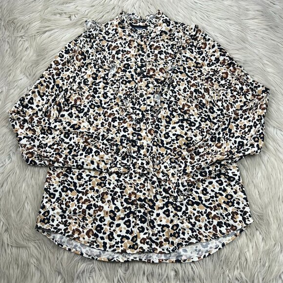 Maeve by Anthropologie Animal Print Ruffle Neck Button Front Blouse - Picture 1 of 7